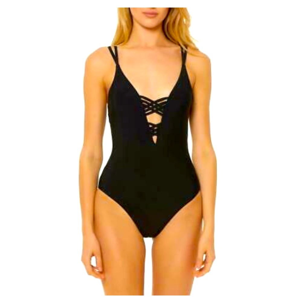 Red carter strappy plunge one piece swim suit
